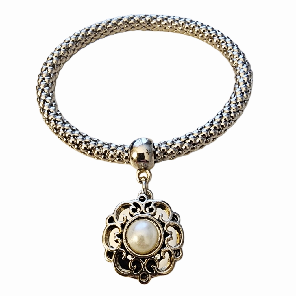 2for$30 - Elegant Stretch Interchangeable Silver Charm Bracelet W/Pearl Charm